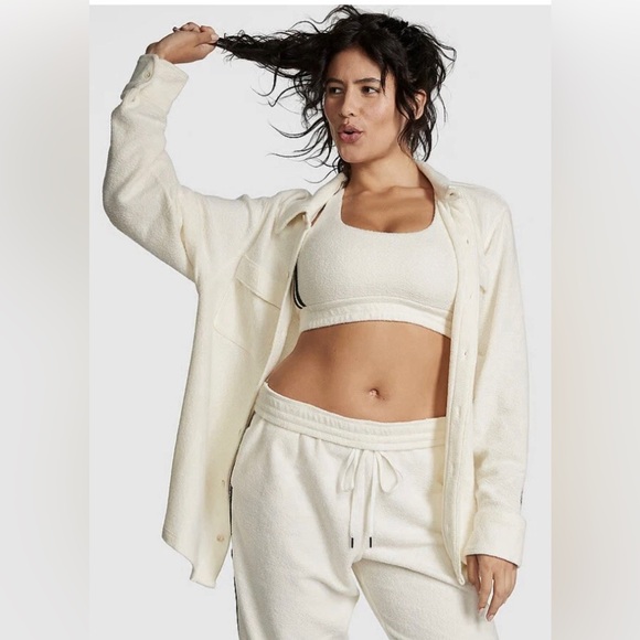 Victoria Secret Pink Fleece Shacket Long Sleeve Reverse Shirt Top XL Cream - Picture 5 of 13